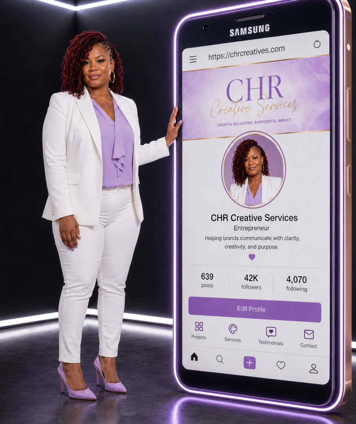 Candice Hibler Robinson, Creative Director of CHR Creative Services, beside a phone showcasing her brand