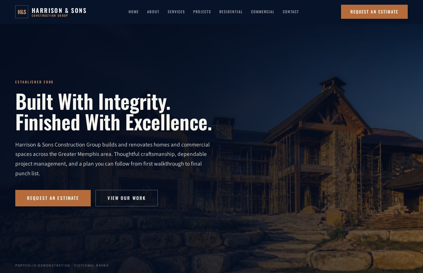 Harrison & Sons Construction Group website concept with the headline Built With Integrity. Finished With Excellence.