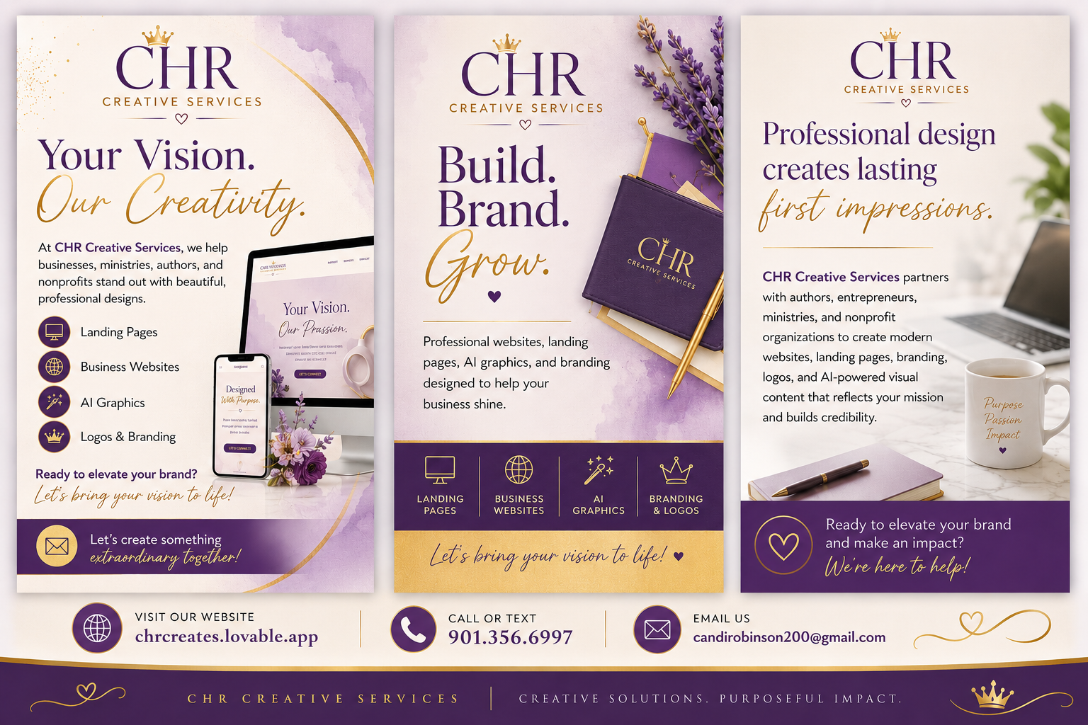 CHR Creative Services brand showcase featuring landing pages, business websites, AI graphics, and branding designs
