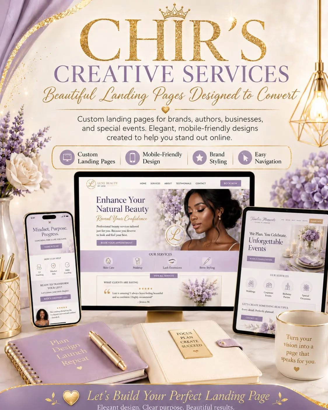 Elegant landing page designs by CHR Creative Services on desktop, tablet, and mobile